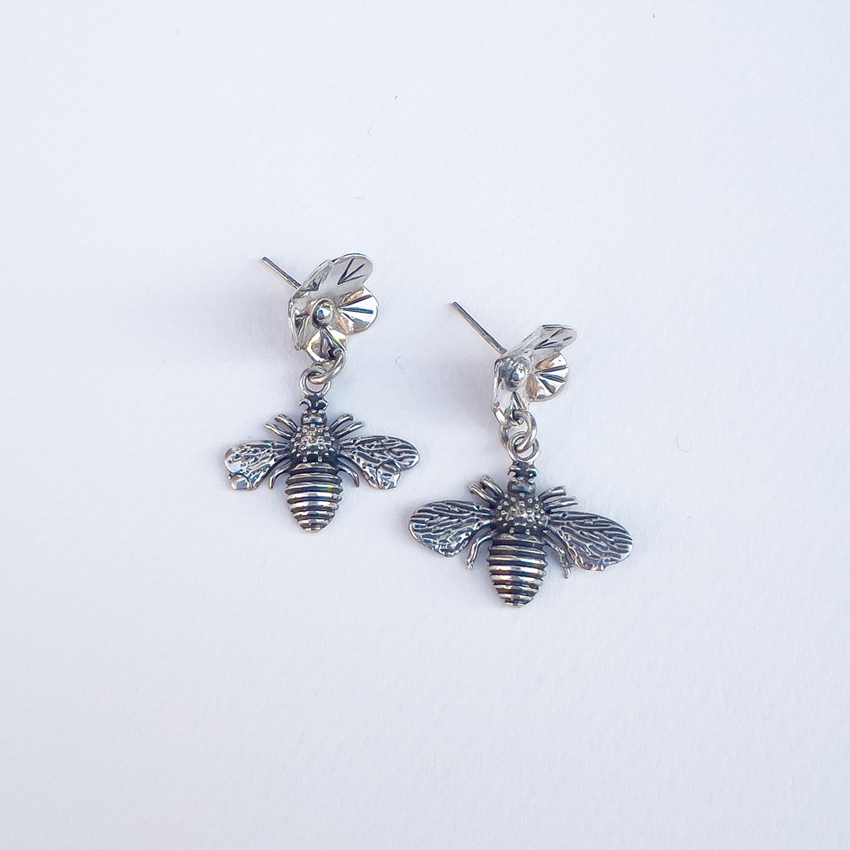 Sterling Silver Bee and Flower Earrings