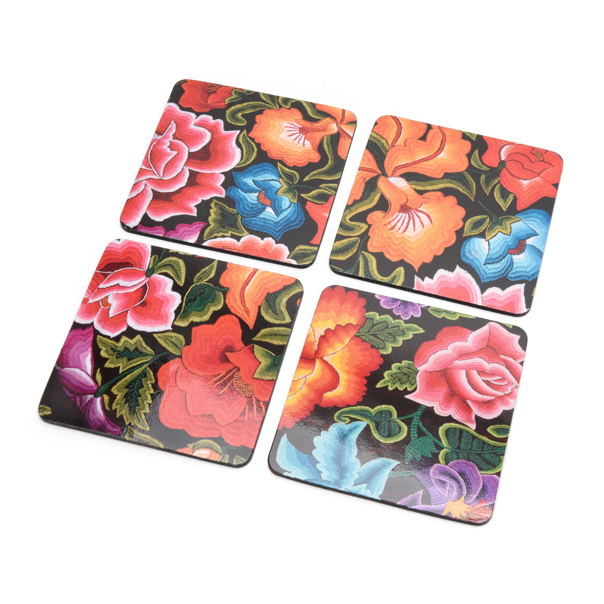 Mexican Floral Embroidery Four Coasters Set