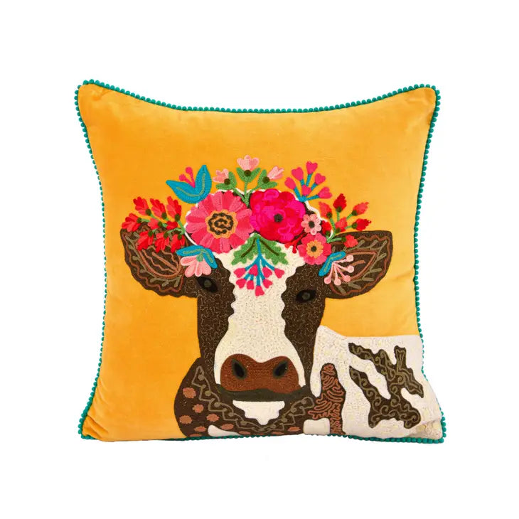 Classic Cow with Floral Crown Pillow