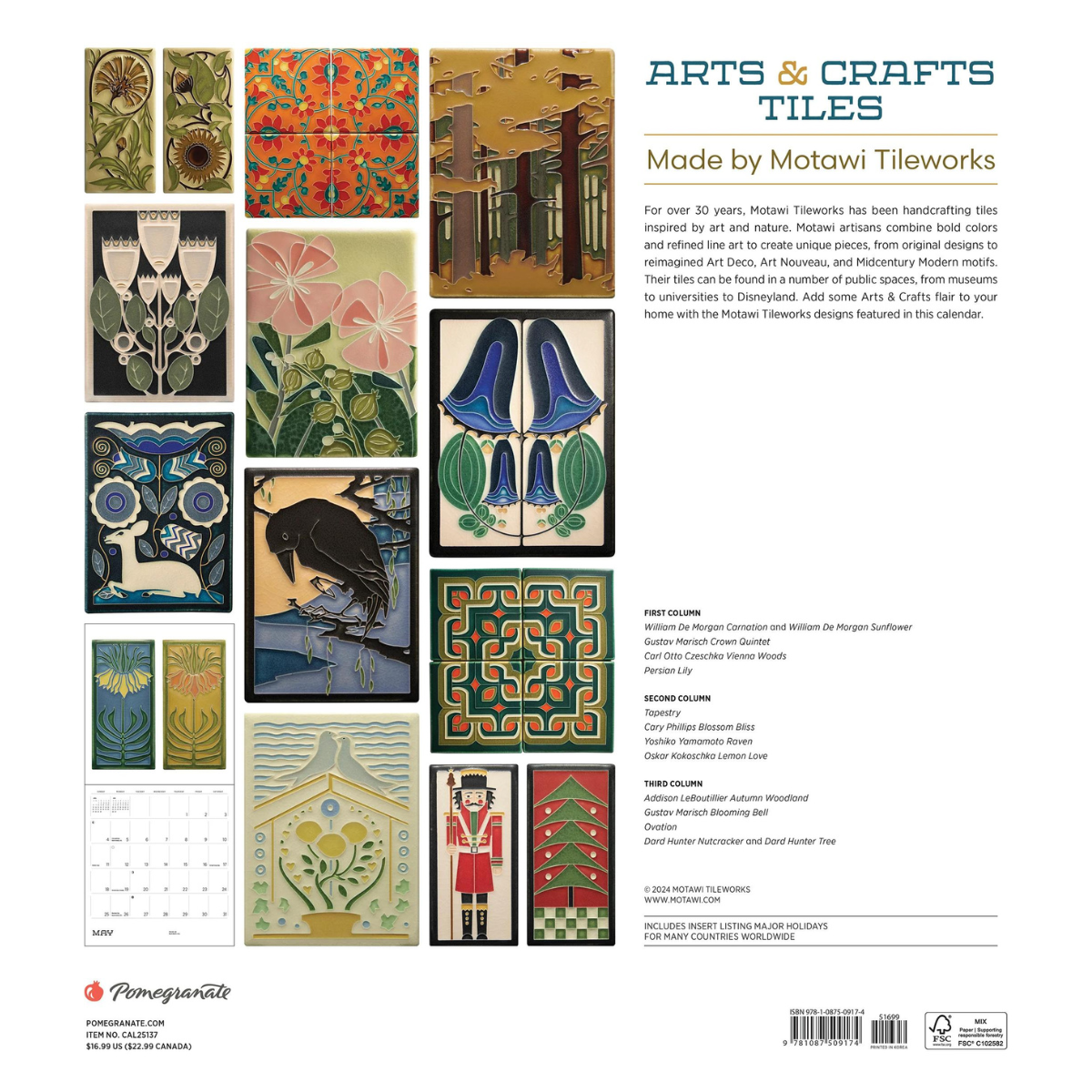 2025 Arts &amp; Crafts Tiles: Made by Motawi Tileworks Wall Calendar