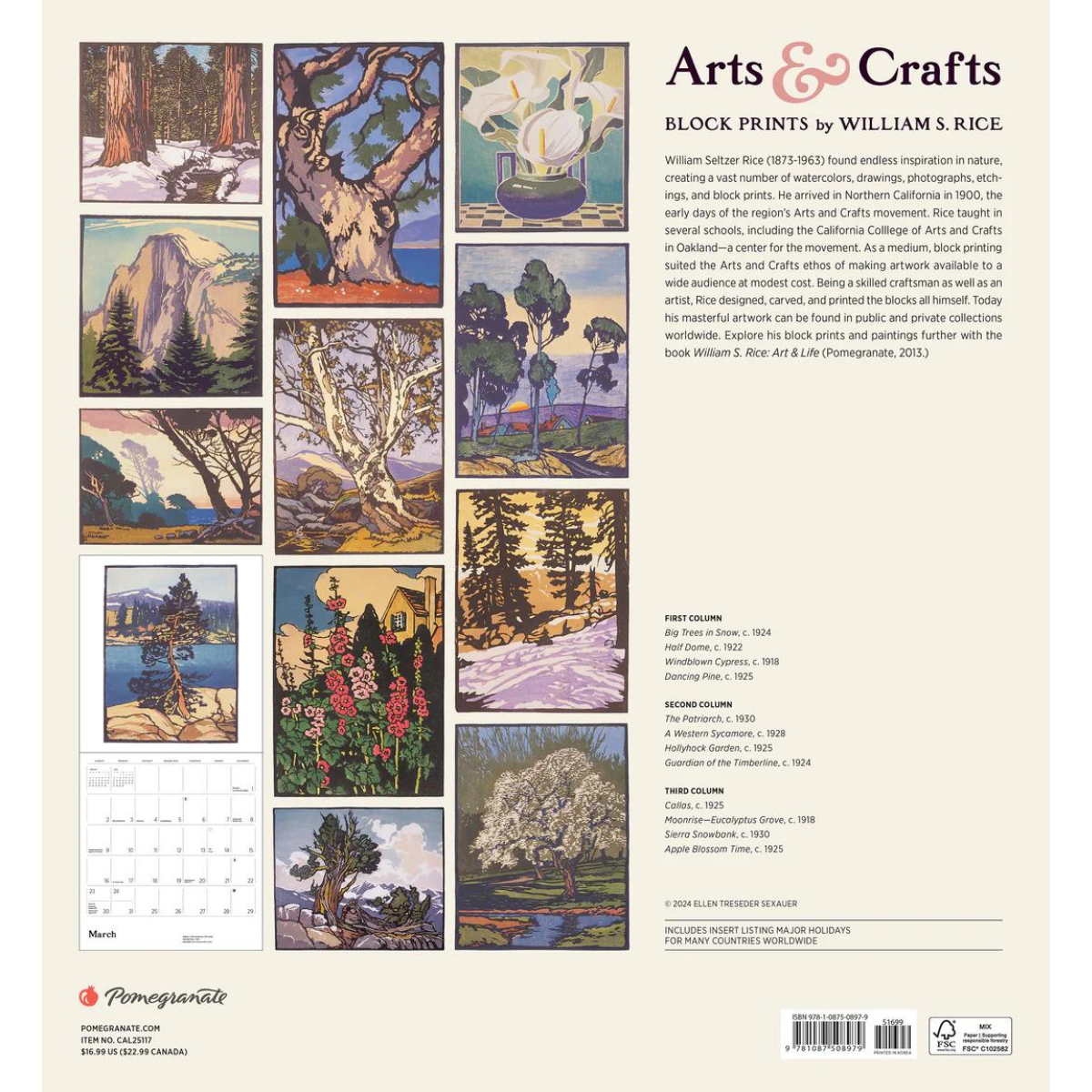 2025 Arts &amp; Crafts Block Prints by William Rice Calendar