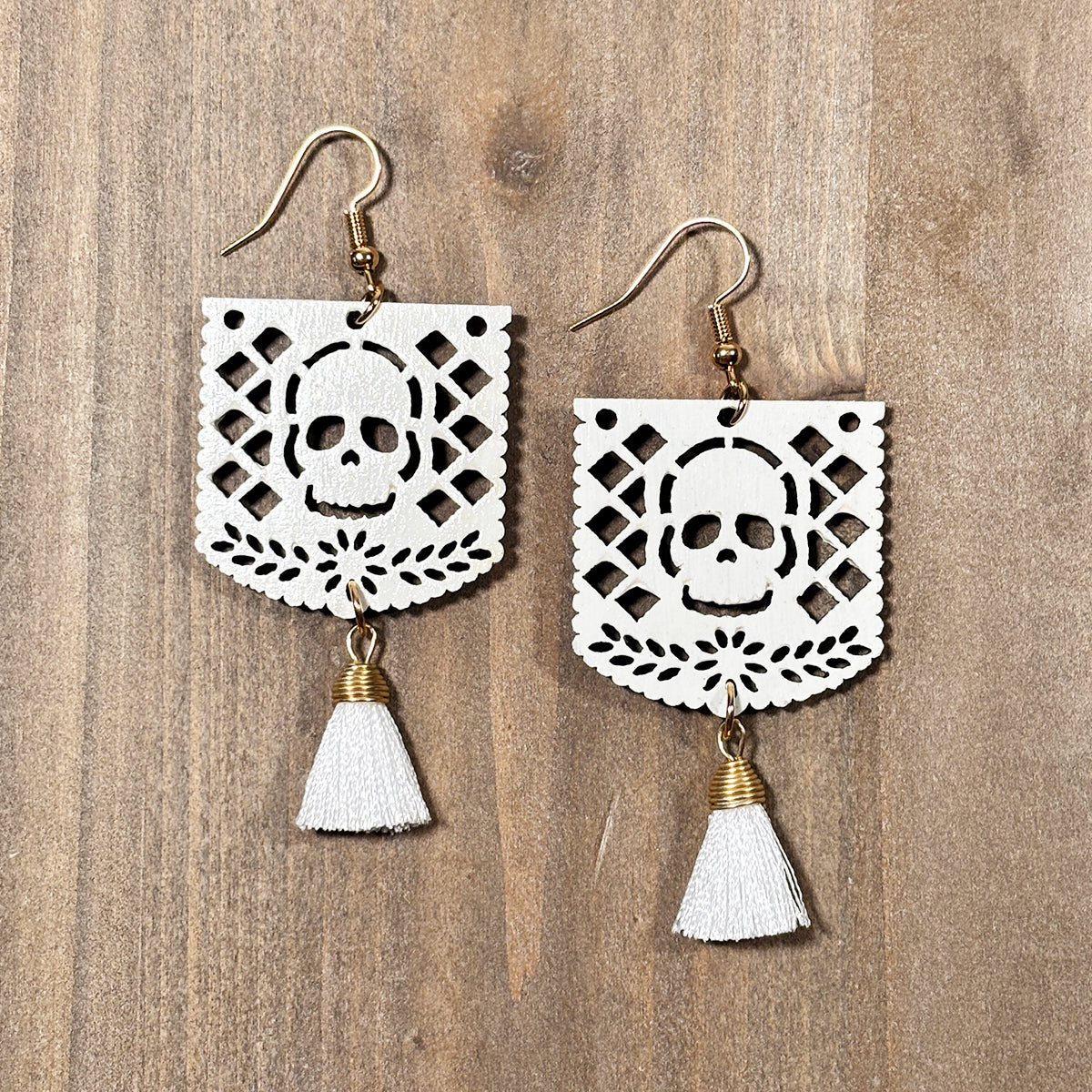 Wooden Papel Picado Skull Earrings