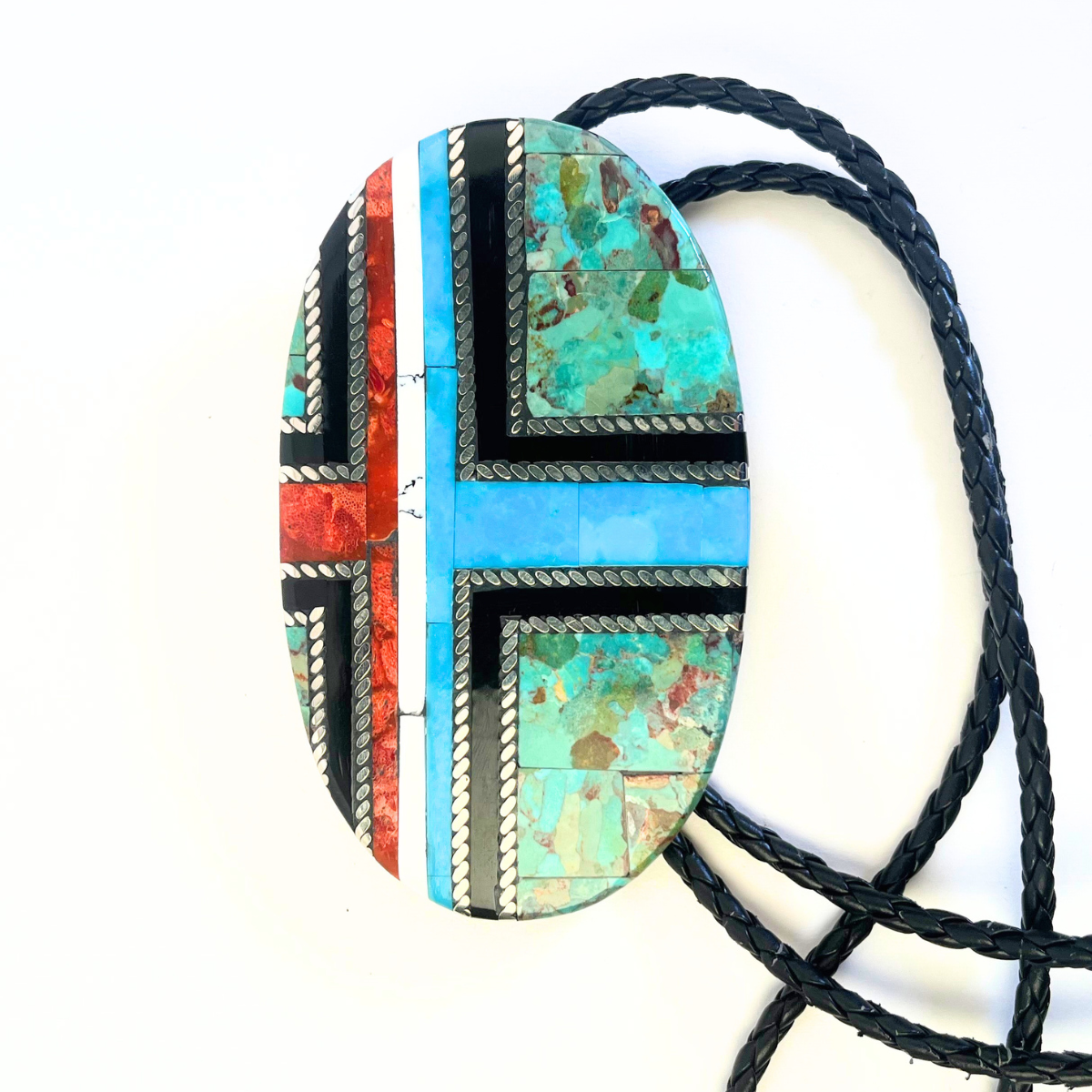 Joe Pacheco Kingman &amp; Nevada Turquoise/Apple Coral/White Buffalo Bolo