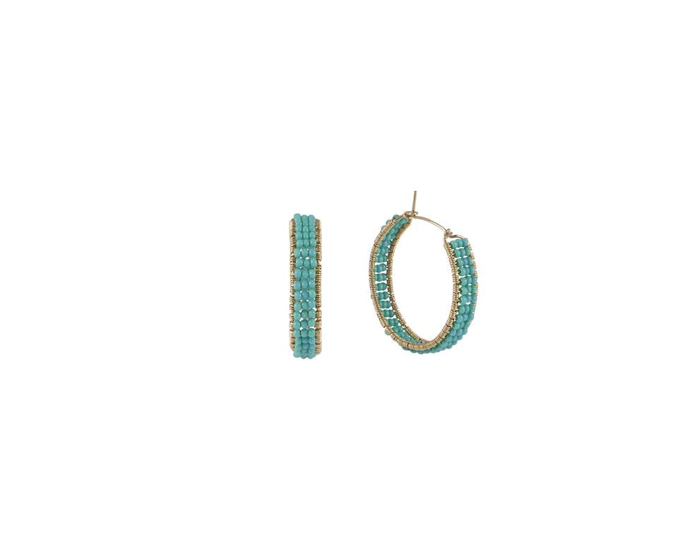 Medium Woven Beaded Turquoise Hoops