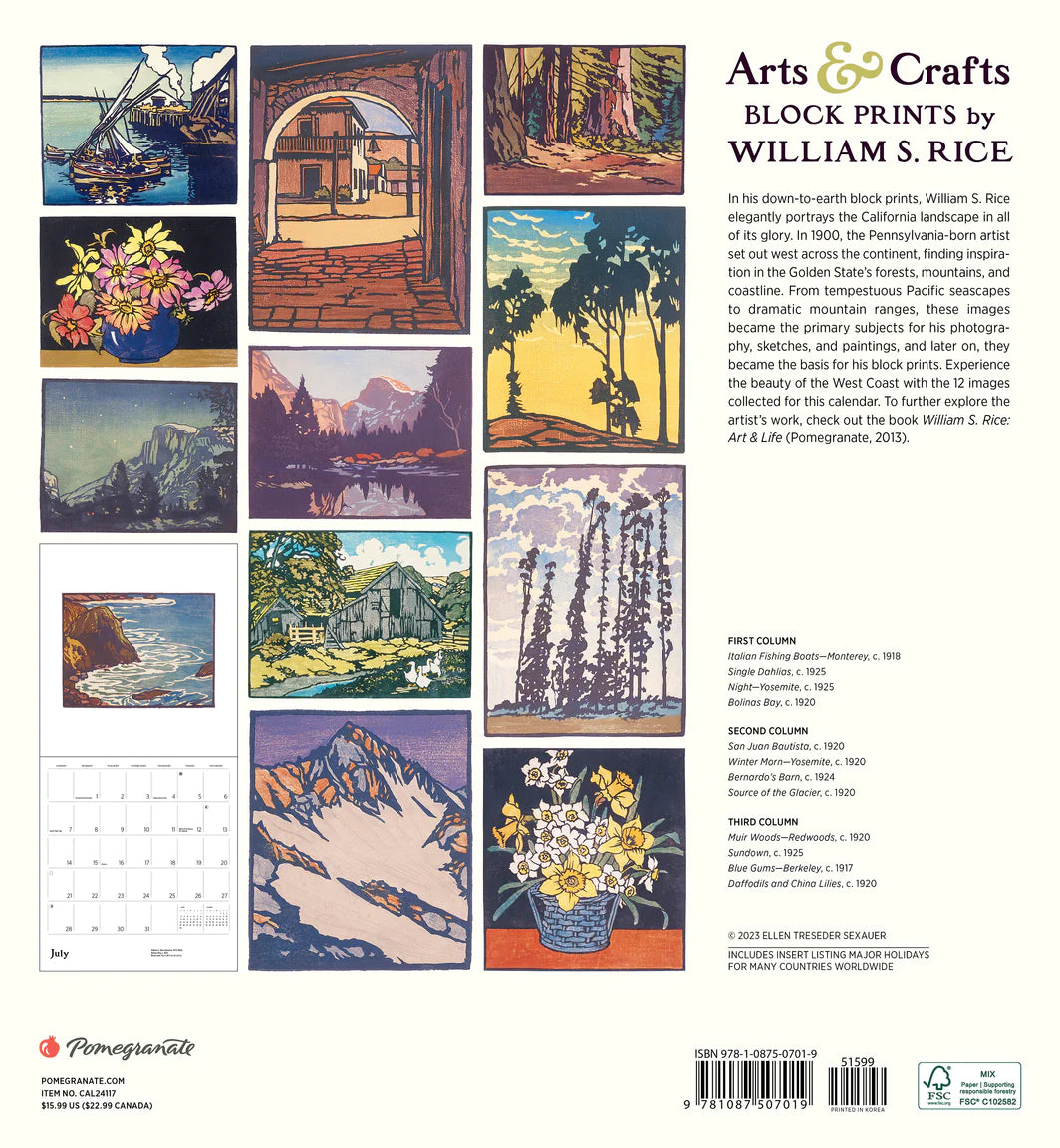 Arts &amp; Crafts Block Prints by William S. Rice 2024 Wall Calendar