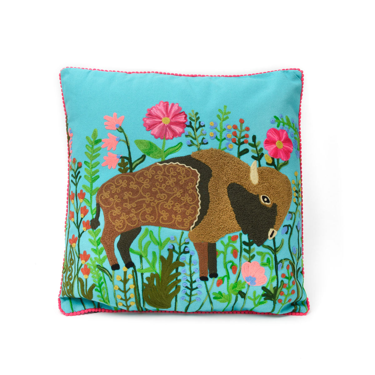 Bison in Paradise Embroidered Pillow