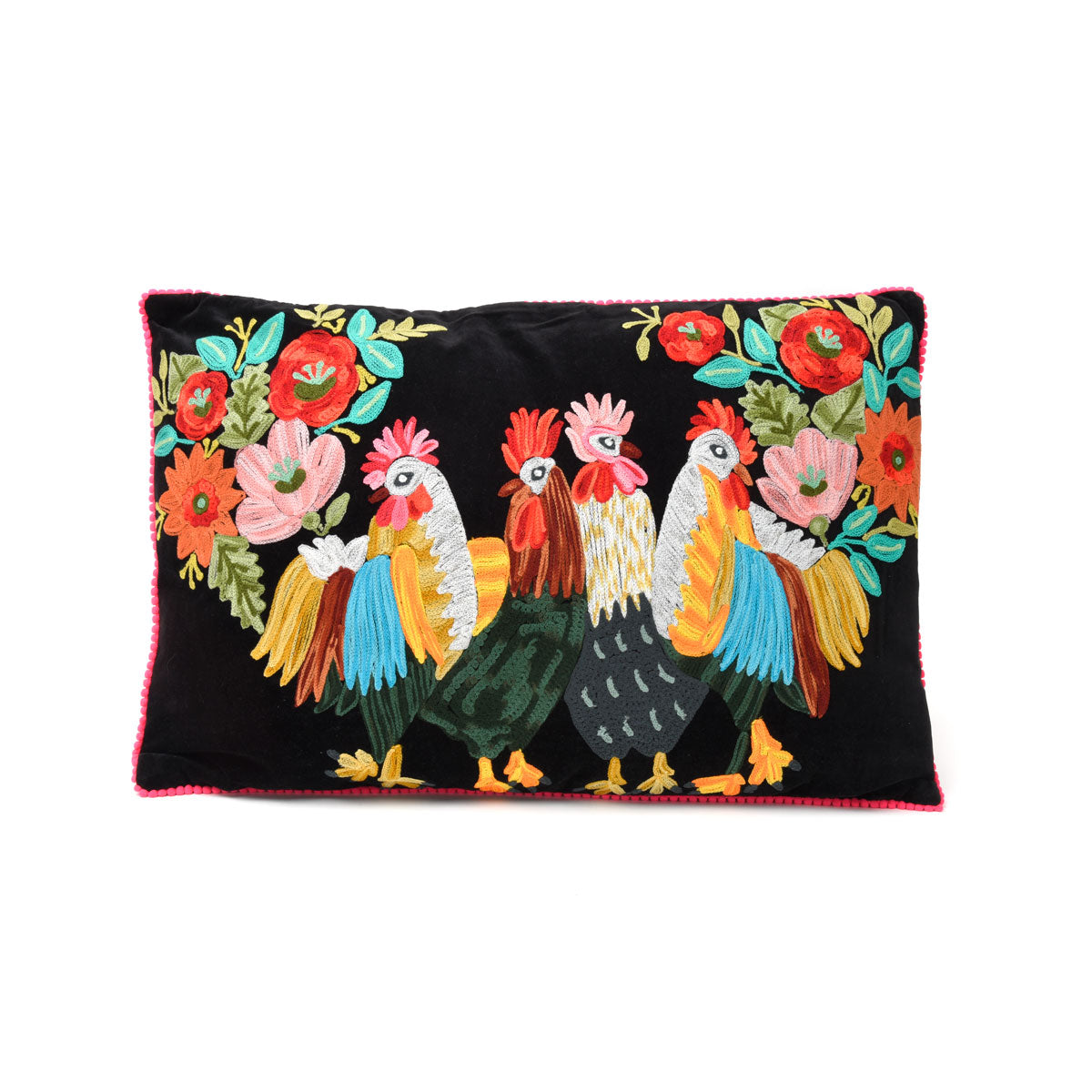 Rooster Gathering Embroidered Pillow